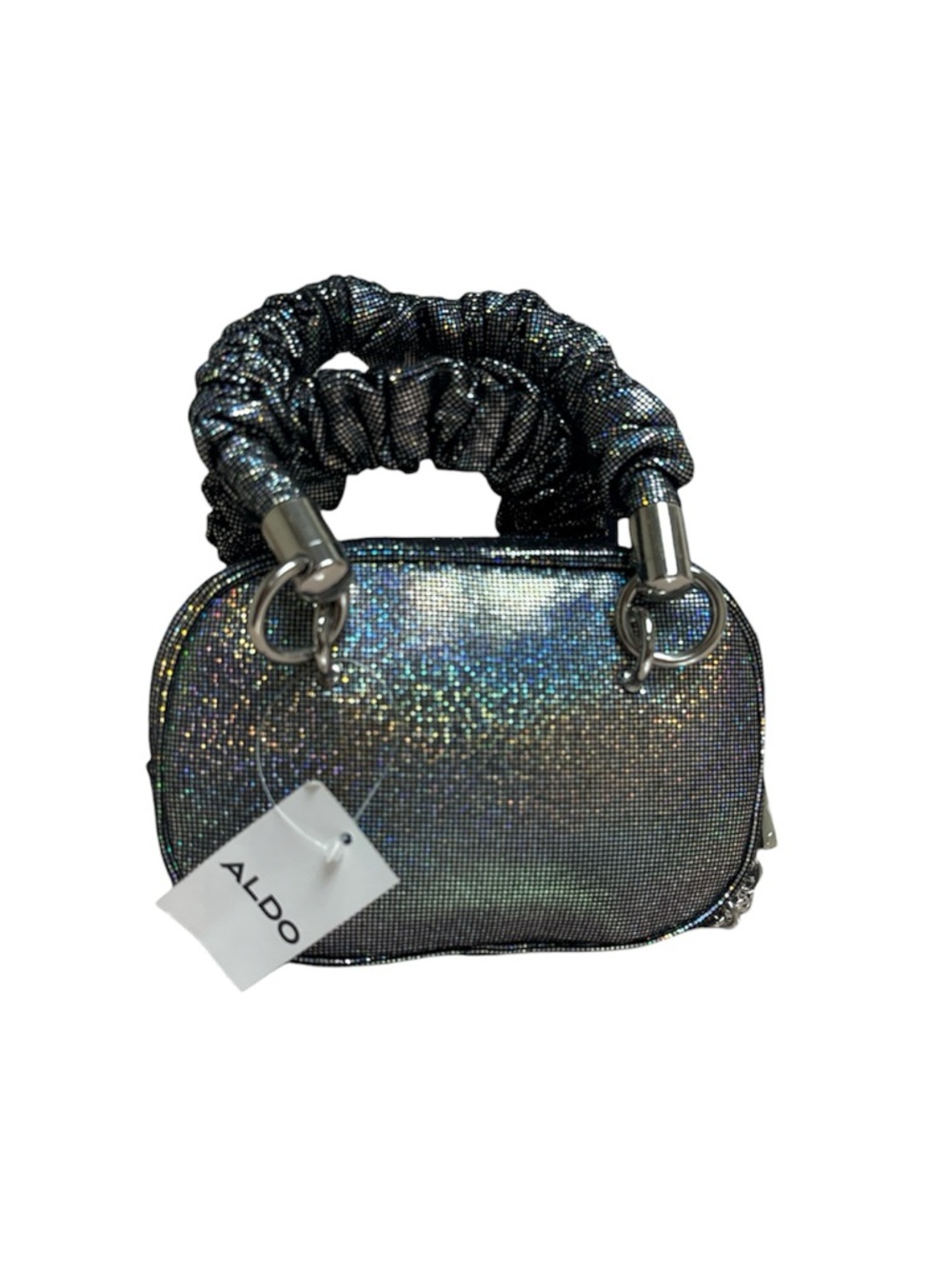 Aldo Iridescent Holographic Mini Bag‎ with Scrunchie Handle - Silver/Black